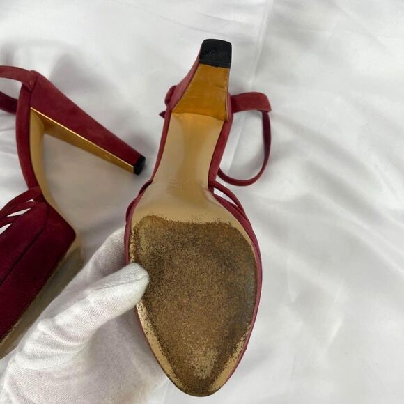 Gucci Red Suede Peep Toe Bow Accent Strappy Platform 5" Heels, EU 38/US 7.5, VTG - Picture 6 of 9